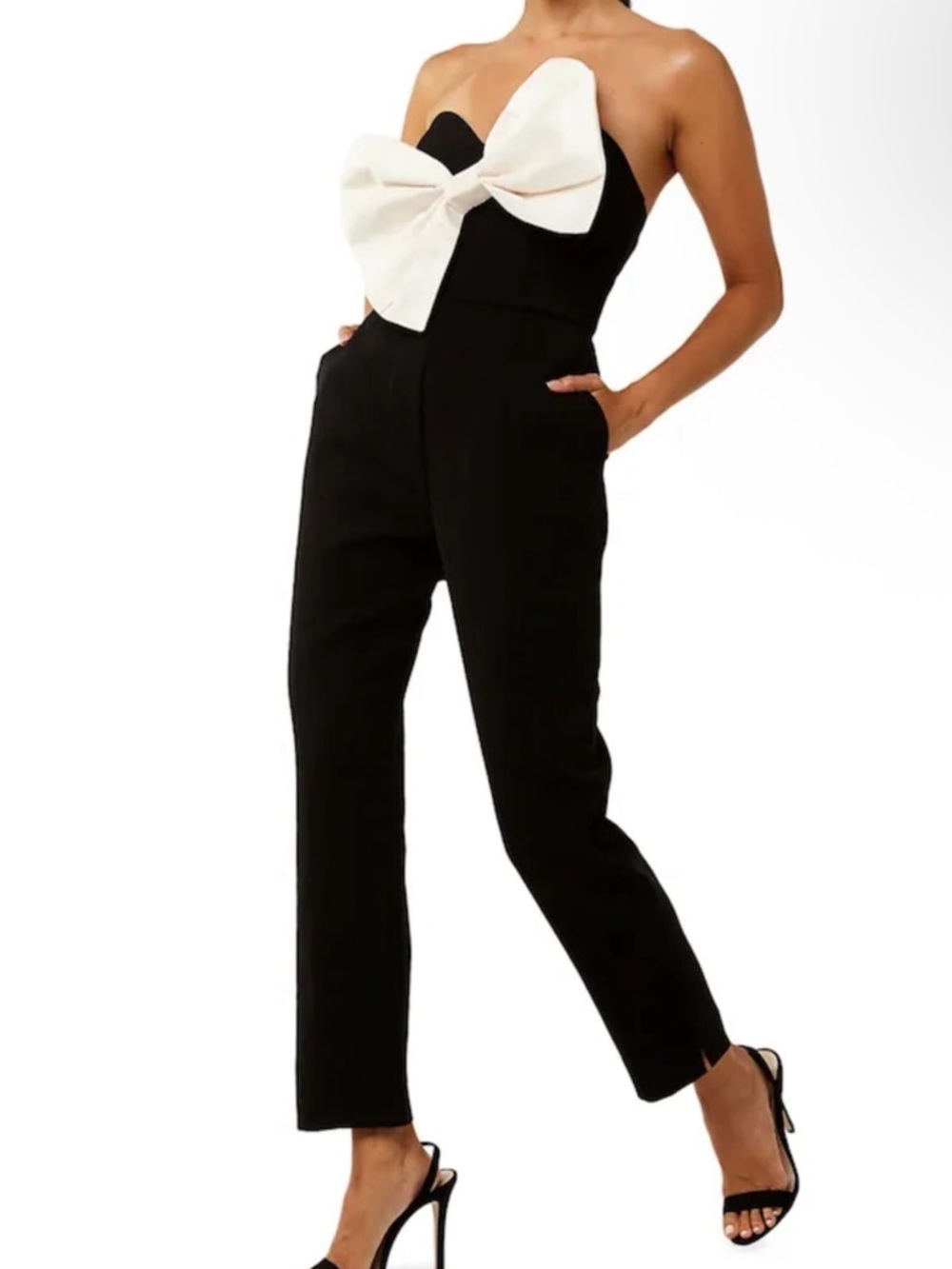 Black Strapless Jumpsuit with Cream Bow Accent